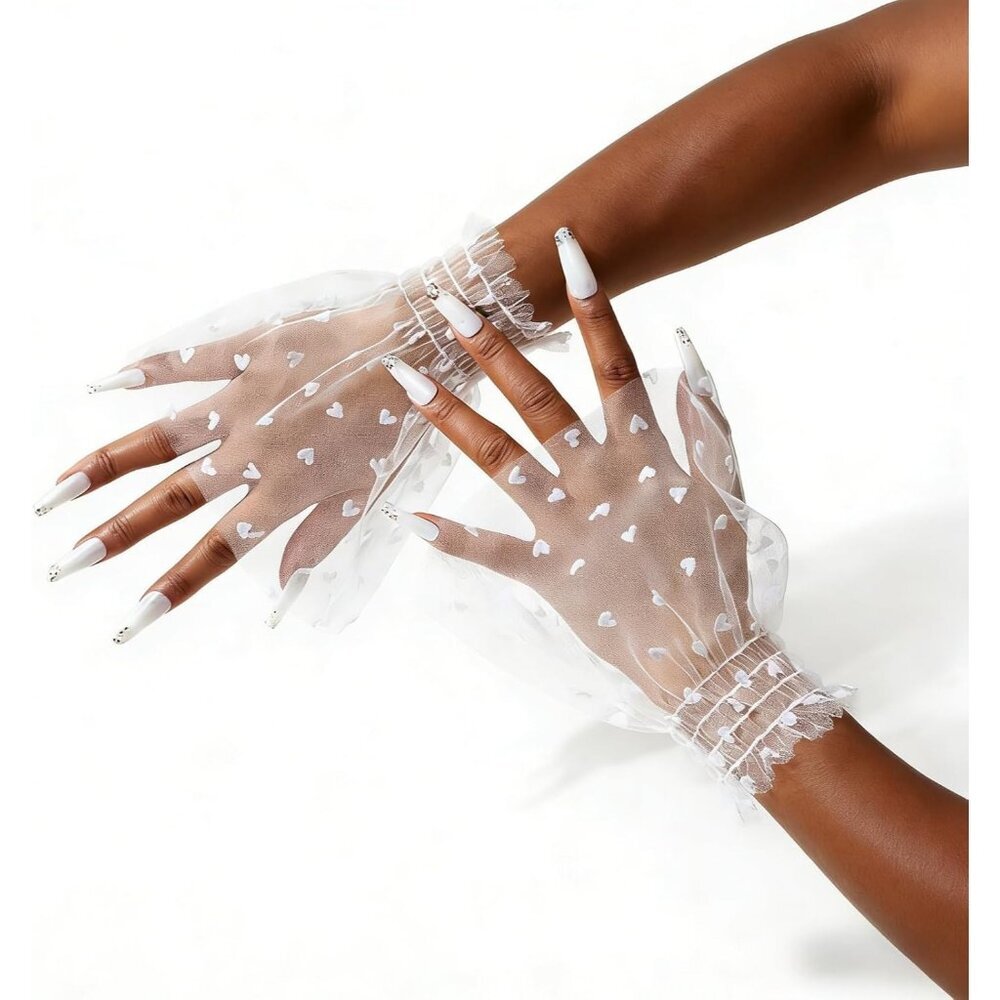 Women's Hand Sleeves Heart Pattern White Bracelet Cuffs Lace Gloves Accessories - Picture 4 of 6